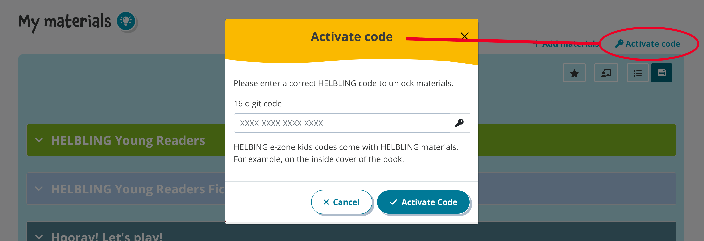 Code activation popup