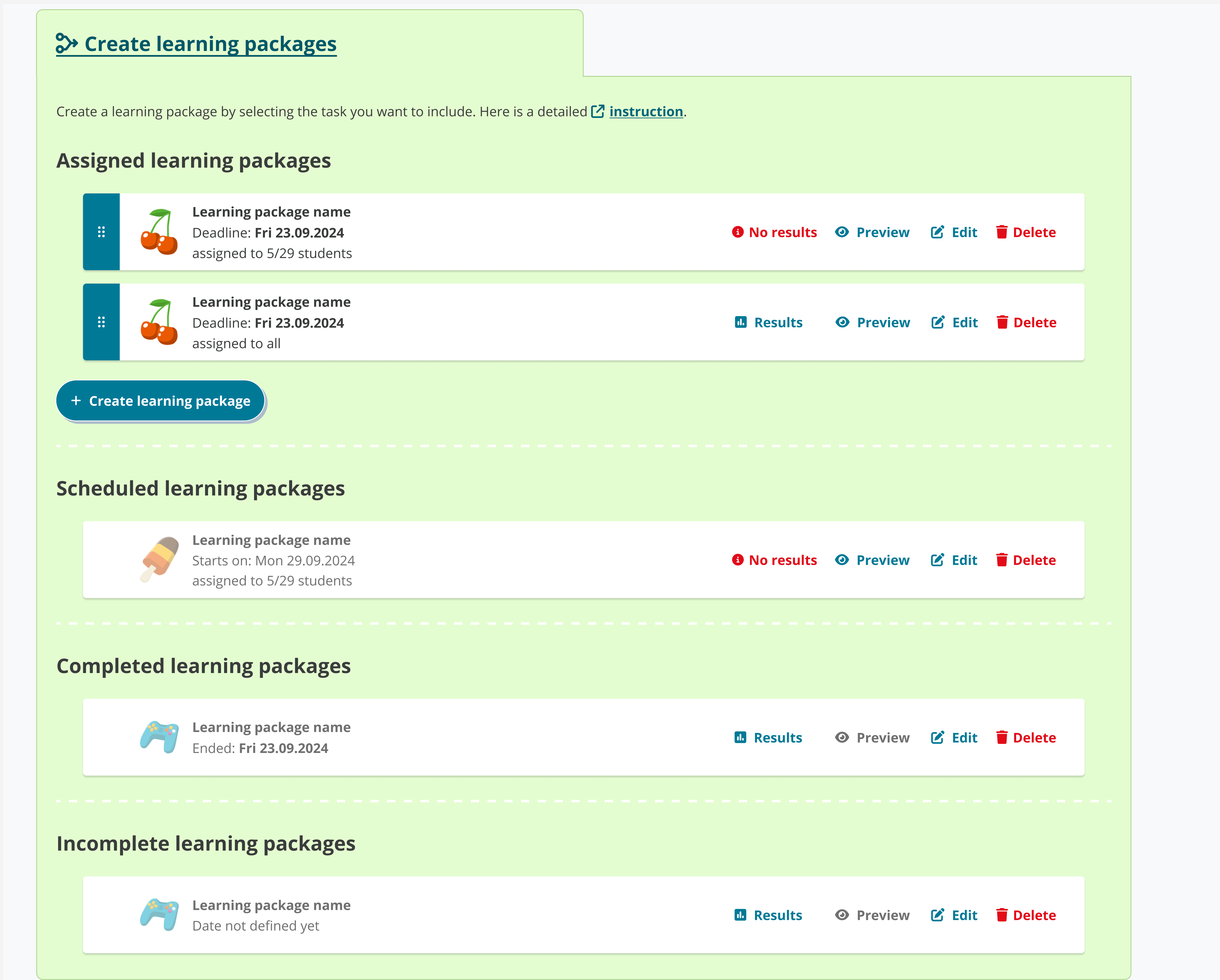 Inactive learning packages