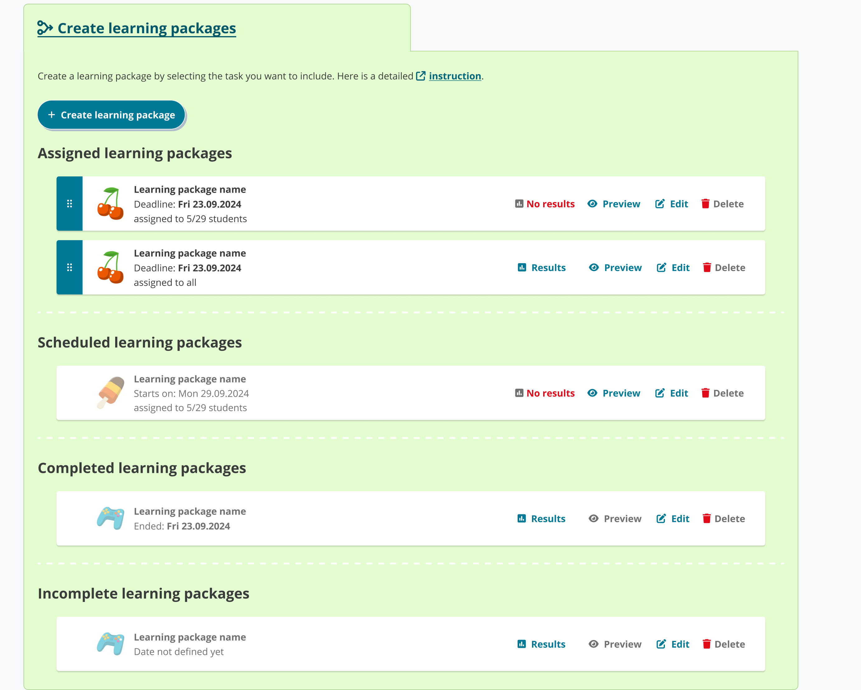 Inactive learning packages